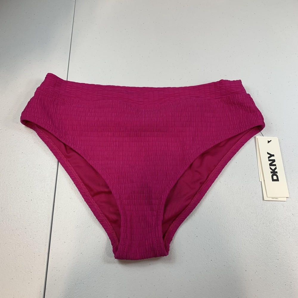 DKNY Women's Swim Bikini Bottoms S Pink Textured High Waist Tummy Compression